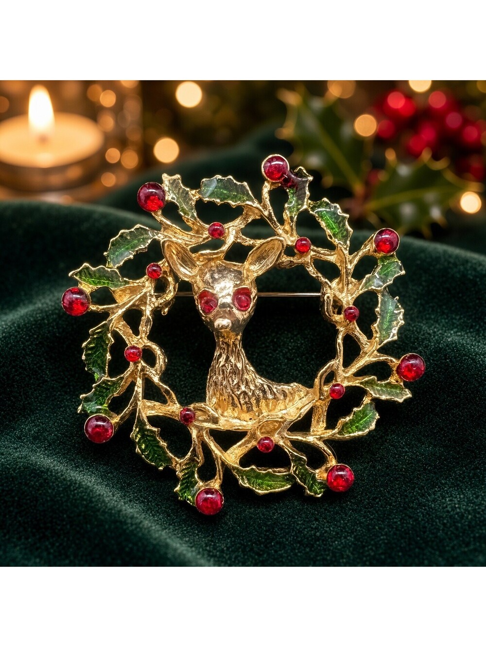 Vintage Christmas Brooch Holly Berry Deer Holiday Pin Gold Rhinestone